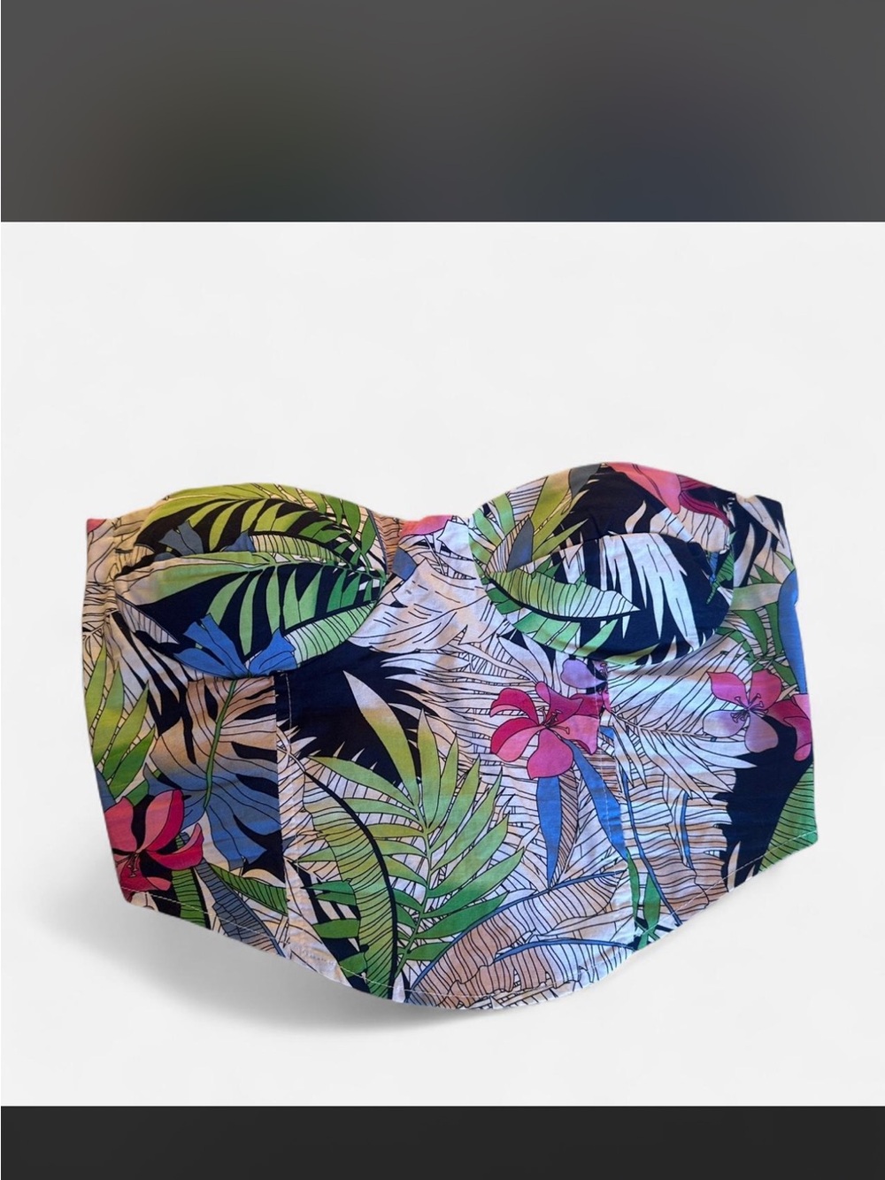 Tropical Print Strapless Crop Top - Green Multi